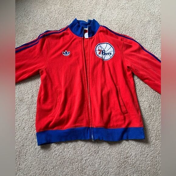VTG Adidas Philadelphia Sixers Stitched Red Blue Zip Up Sweatshirt Jacket Size L - Picture 2 of 9